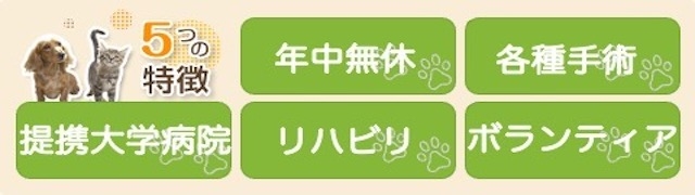 5つの特徴 土日診療 往診 夜間診療 飼主さんの付添いスペース有り ボランティア